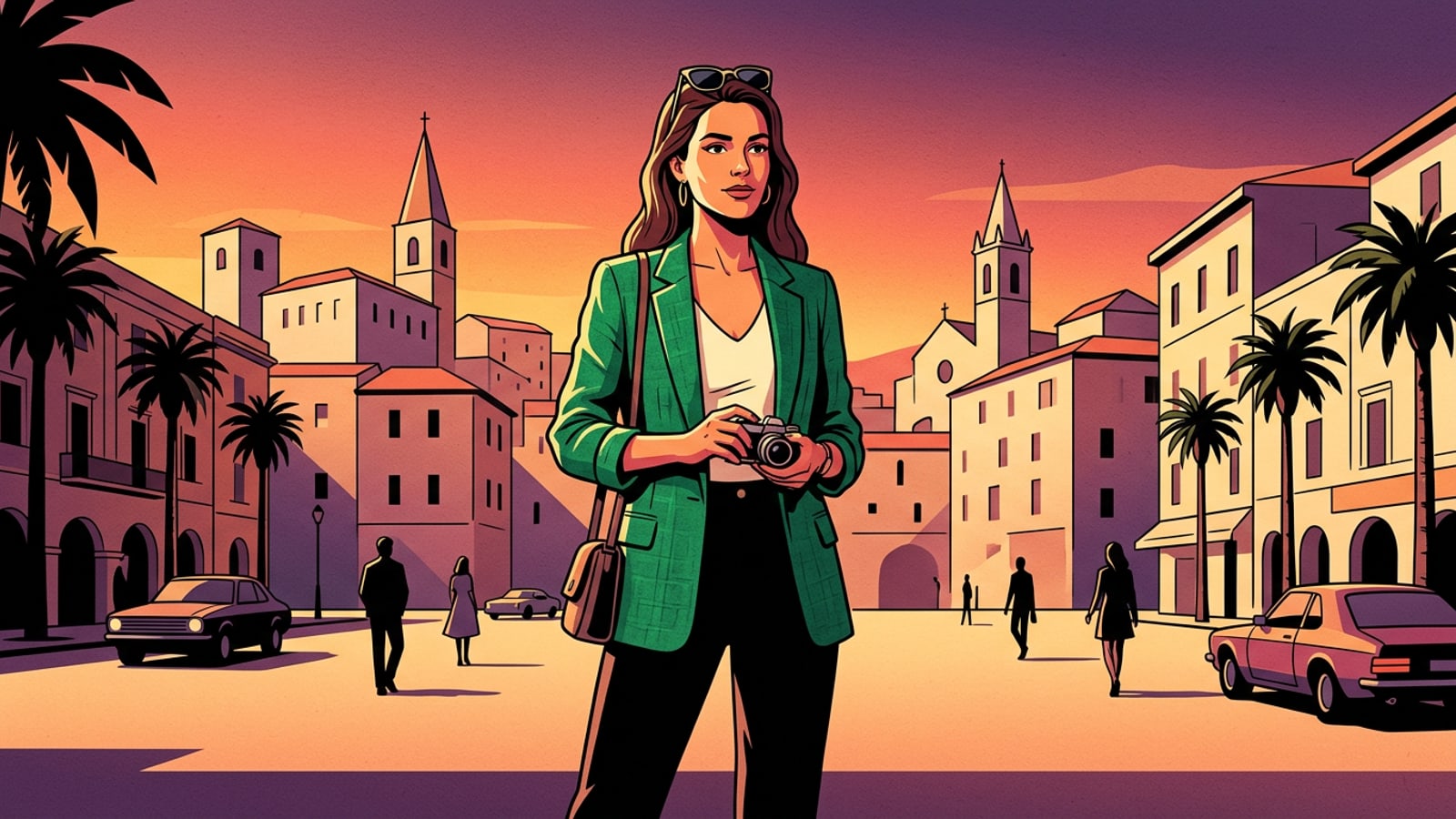 Viajante em uma praça europeia ensolarada usando um blazer de linho verde-esmeralda substituído por IA.