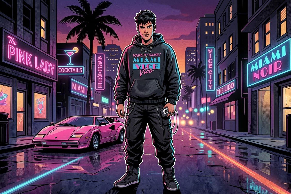 Street style portrait featuring a vintage washed-black heavy cotton hoodie generated with text prompts.