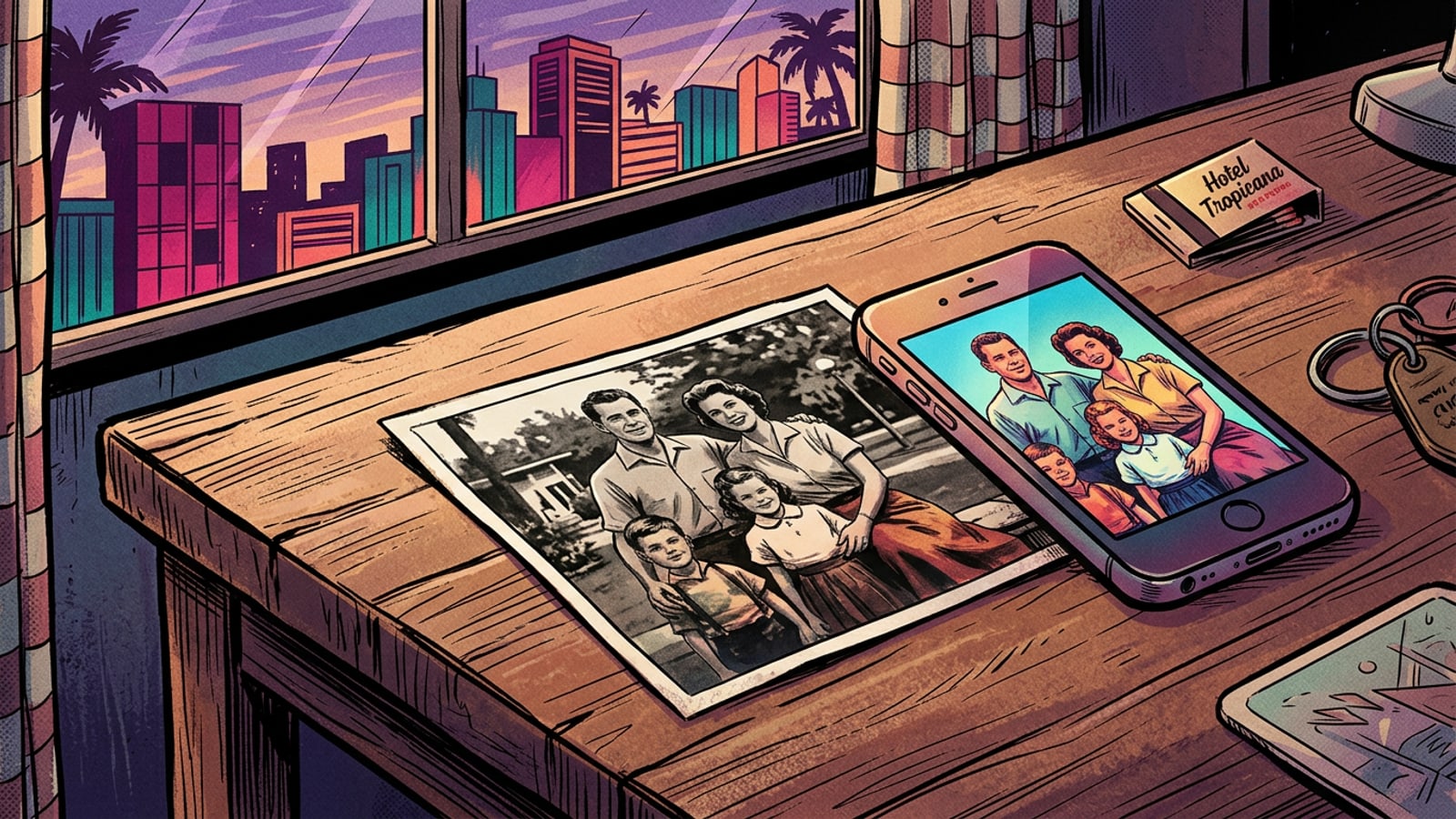 A vintage black and white family photo sitting next to an iPhone showing the colorized AI result.