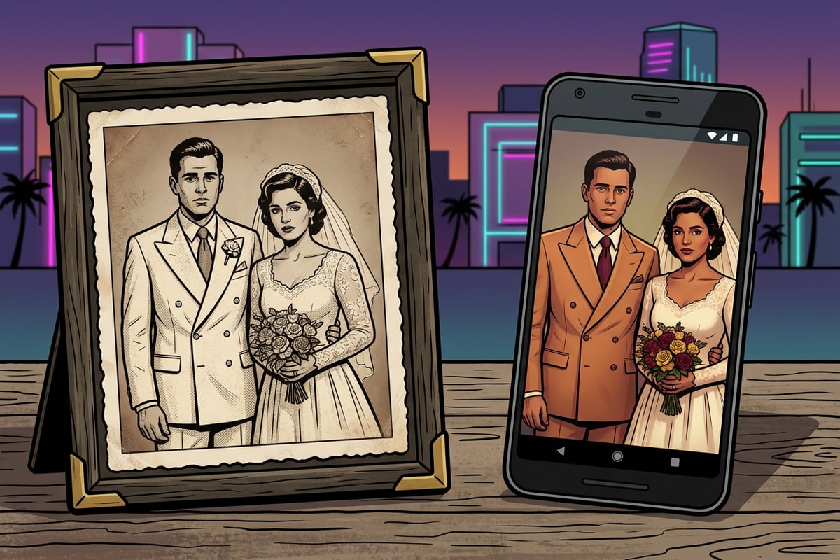 Comparison of a monochrome wedding photo and a colorized version on smartphone.