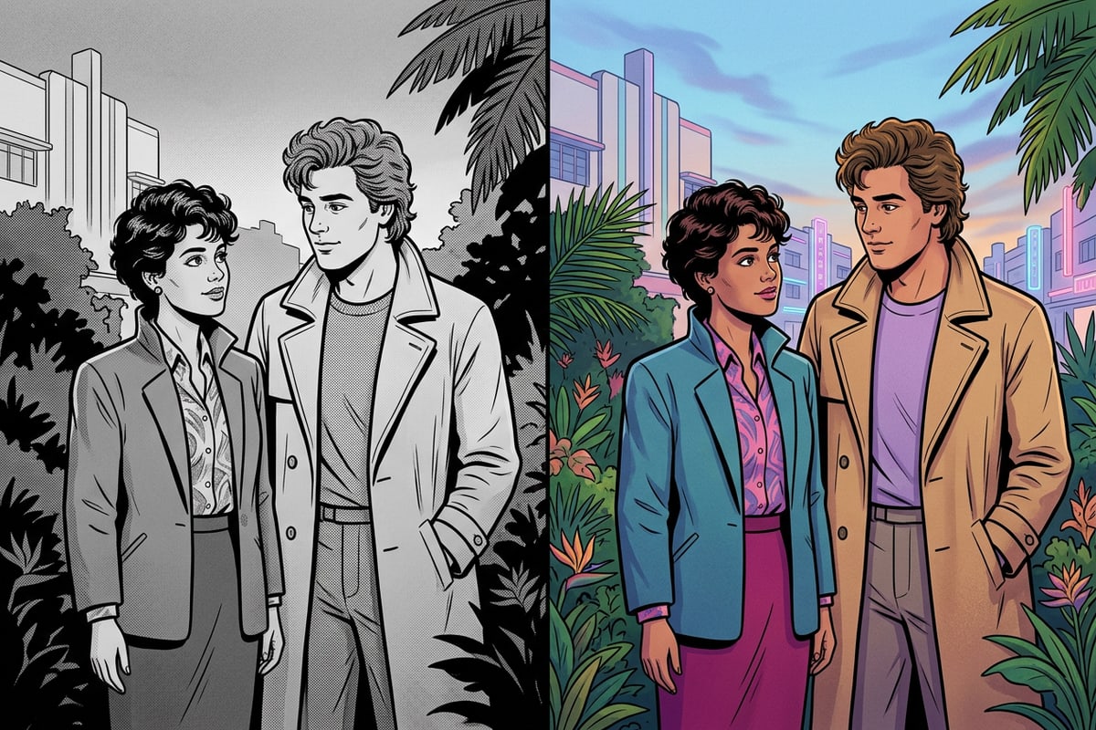 Split-screen comparison of a vintage photo, left side in black and white, right side in realistic color.