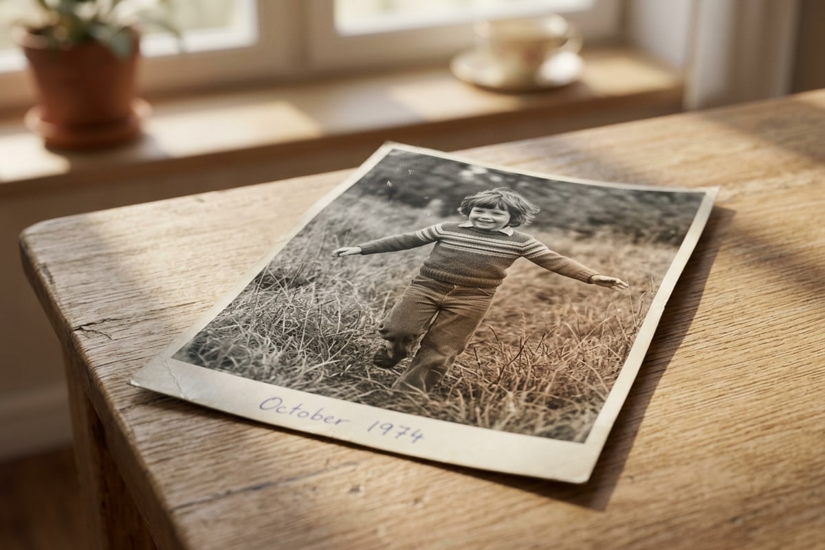 Close-up of a black-and-white childhood photo receiving soft, realistic color highlights.