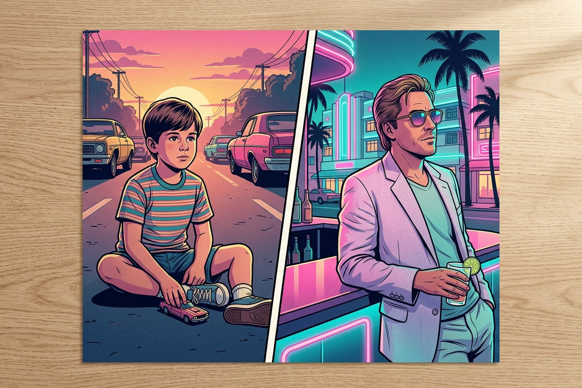 Clean two-panel split collage displaying a restored childhood memory beside a modern selfie.