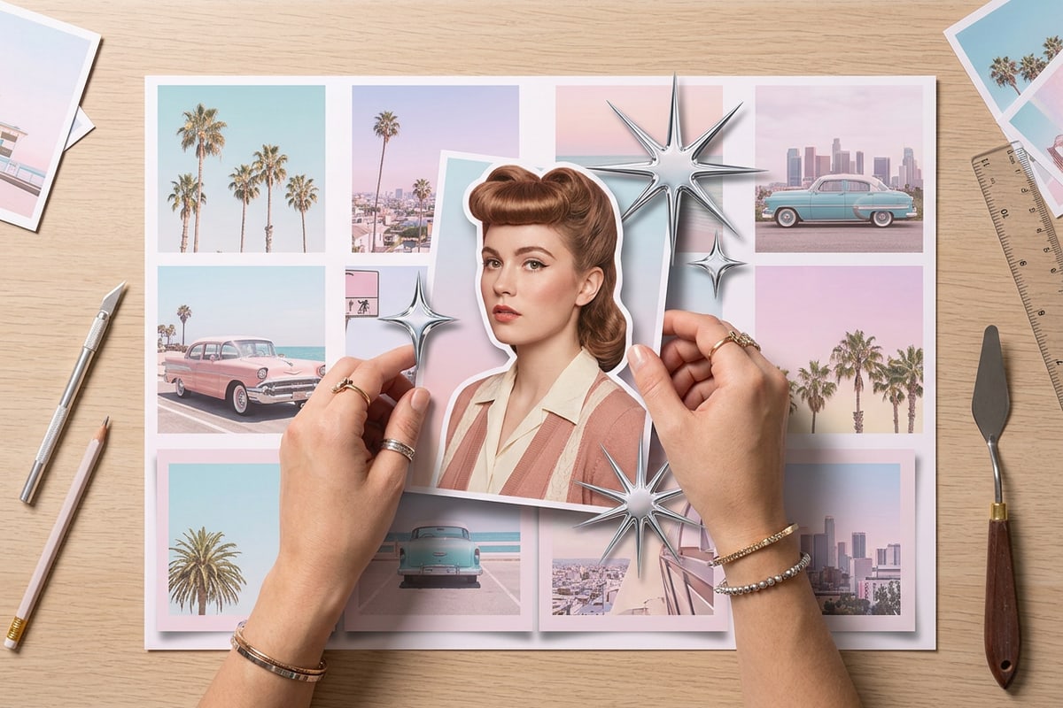 Close-up of a portrait cutout photo being placed onto a pastel grid photo collage frame with silver starbursts.
