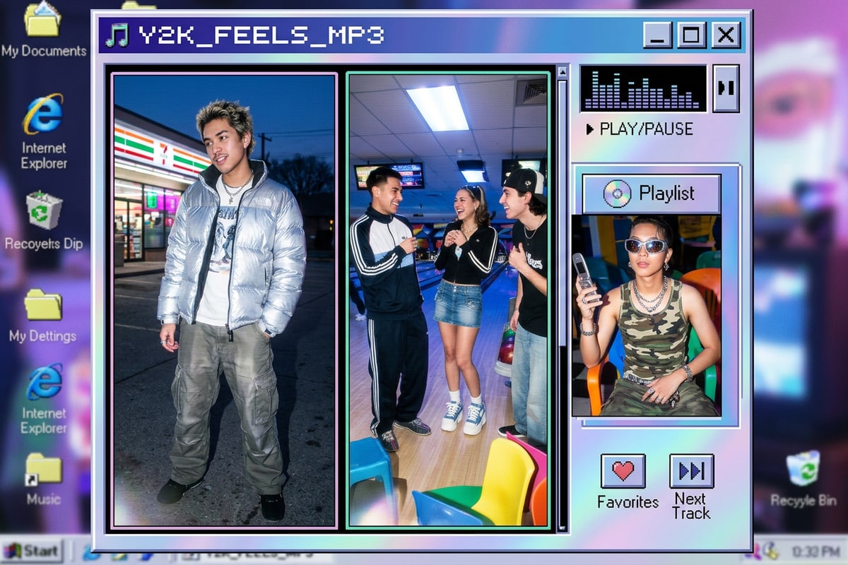 Y2K style photo collage inside a pixelated retro music player layout showing three streetwear lifestyle photos.