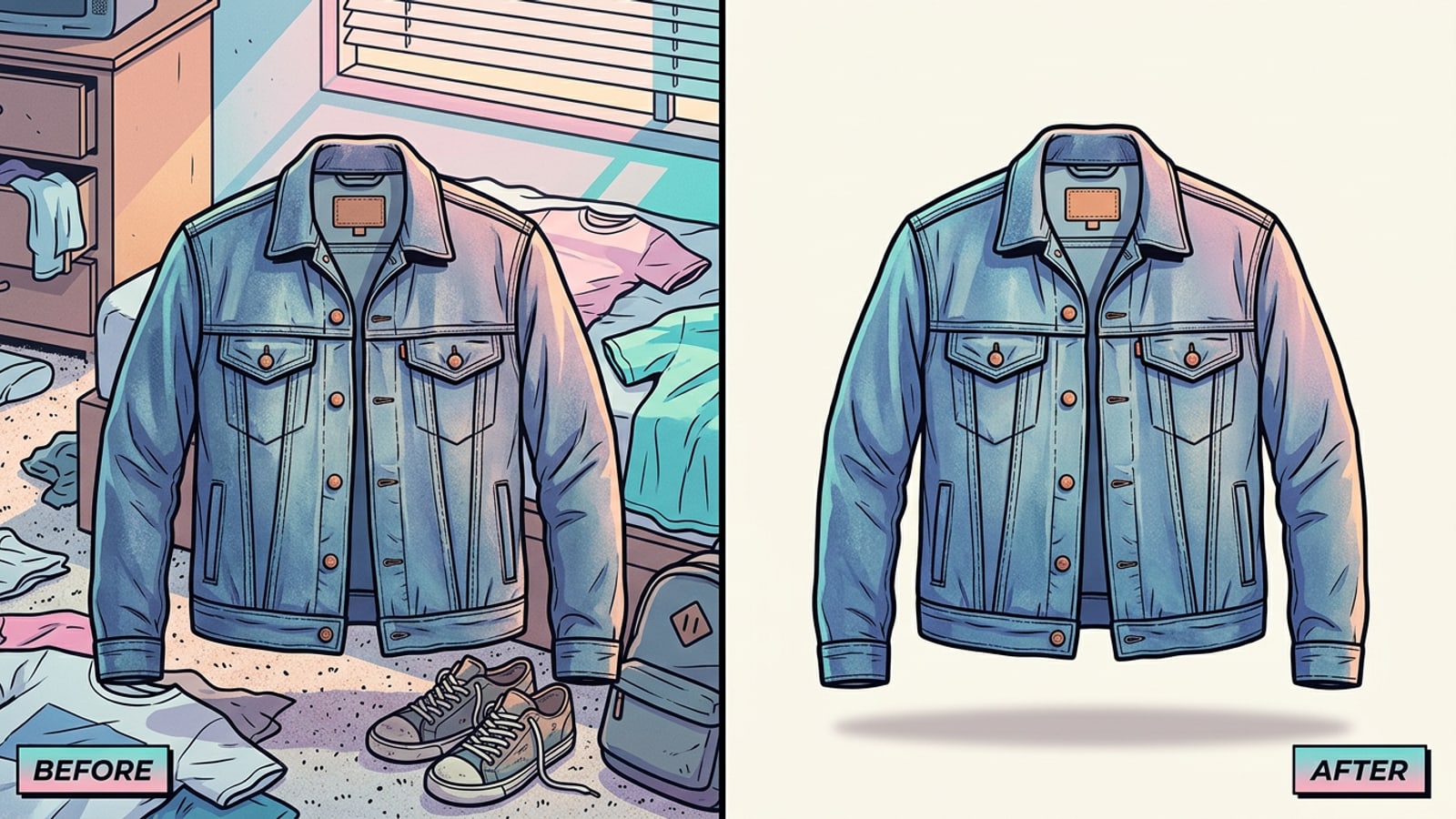 Before and after split view comparing a cluttered bedroom product shot with a clean studio photo.