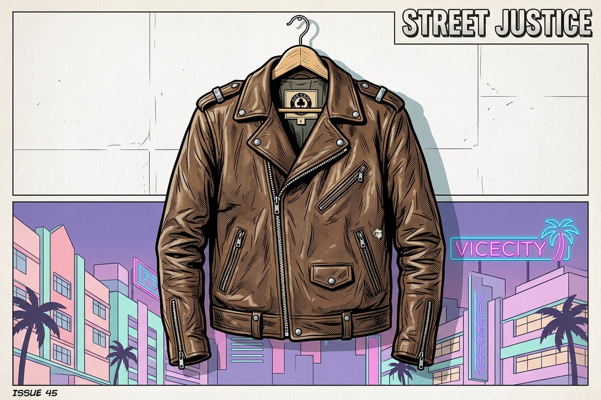 Leather jacket on a wooden hanger against a clean plaster wall backdrop.