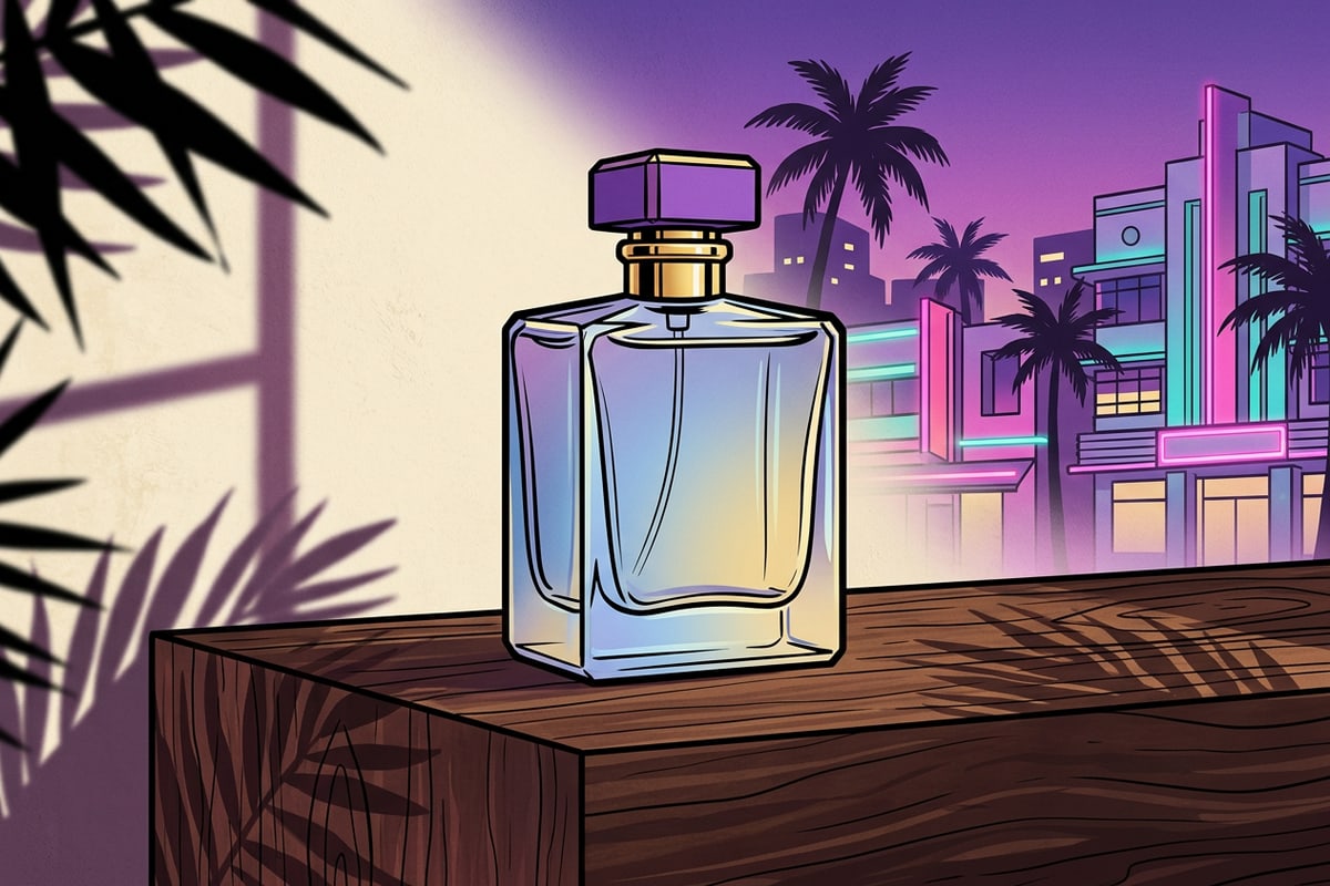 A perfume bottle rendered on a wooden block backdrop with soft botanical leaf shadows.