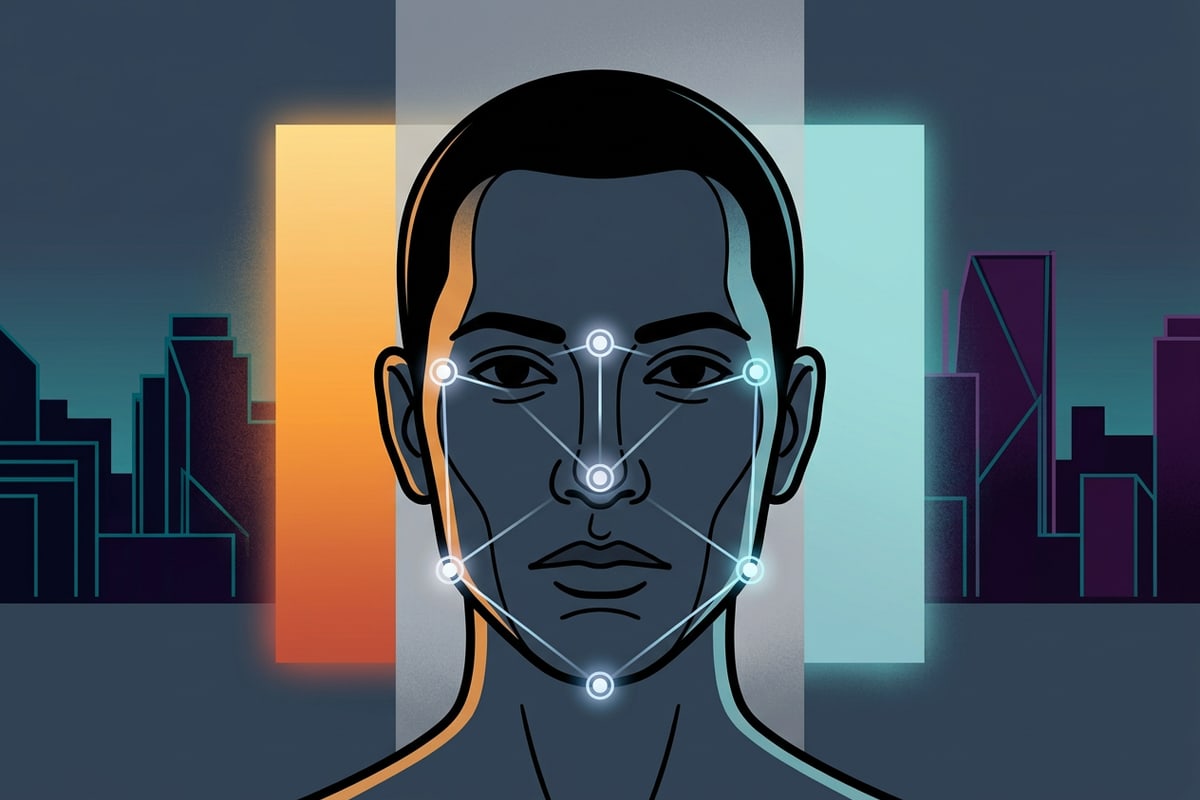 Visual concept diagram showing facial feature anchor points locking identity while background lighting styles shift behind.