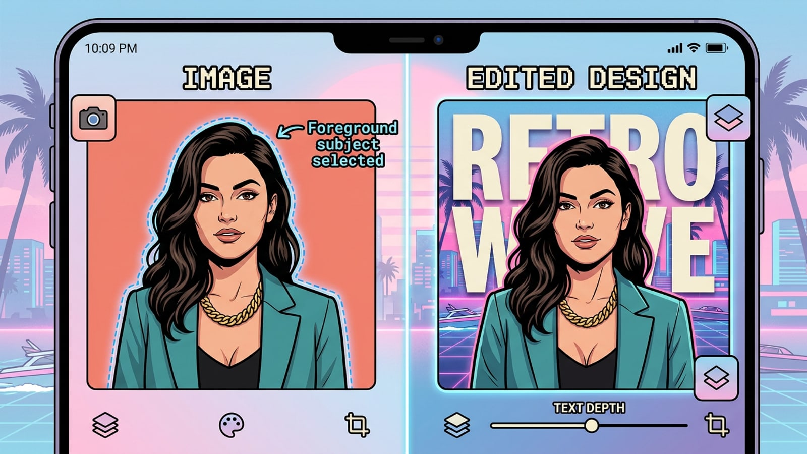 A side-by-side demonstration showing a raw studio portrait on the left and a completed 3D text depth edit on the right with bold typography floating behind the subject.