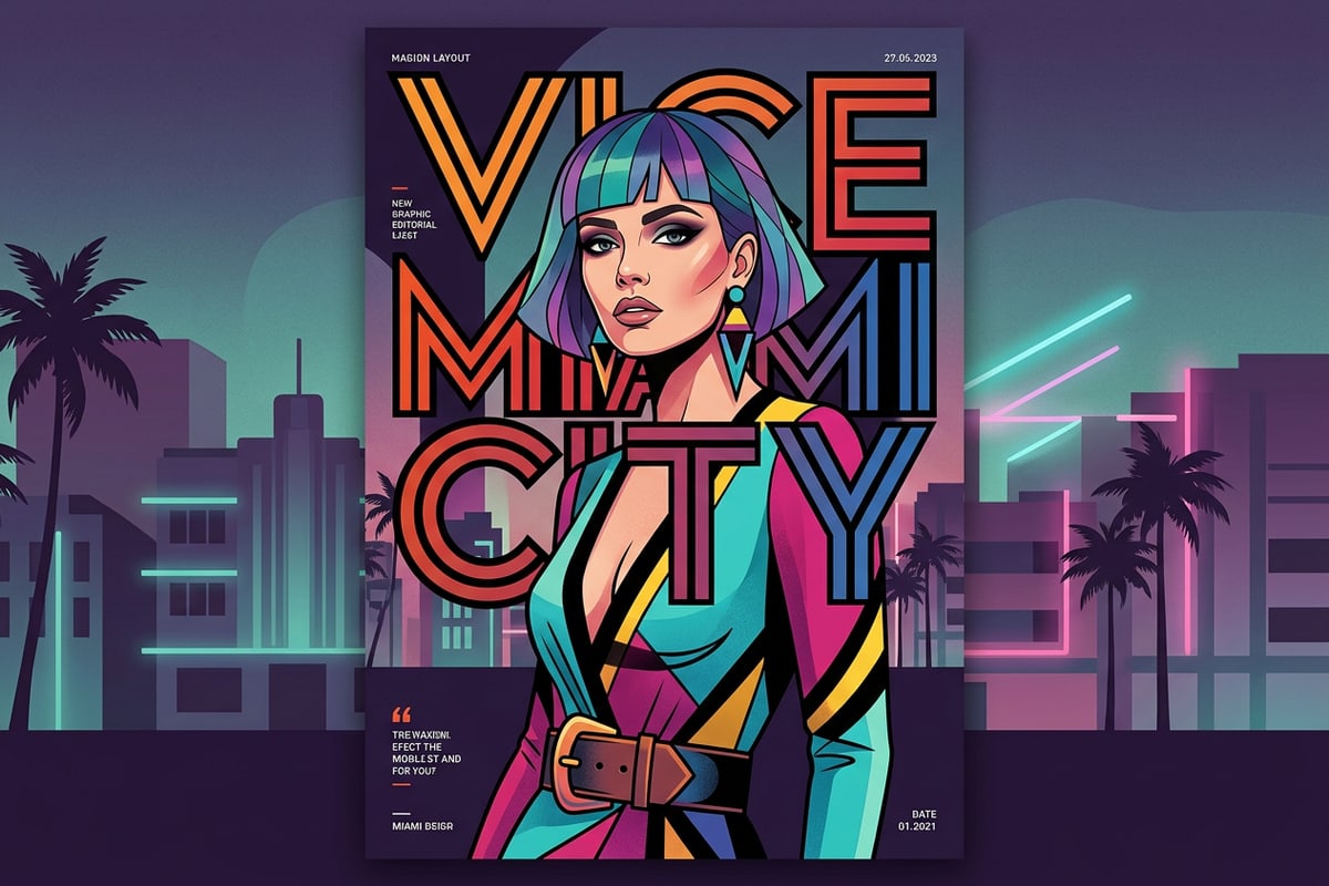 An editorial portrait poster demonstrating typography tracking and color contrast paired behind a subject's shoulders.