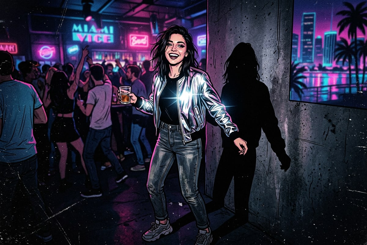 Nightlife snapshot showcasing hard frontal flash lighting and sharp background shadow cast.