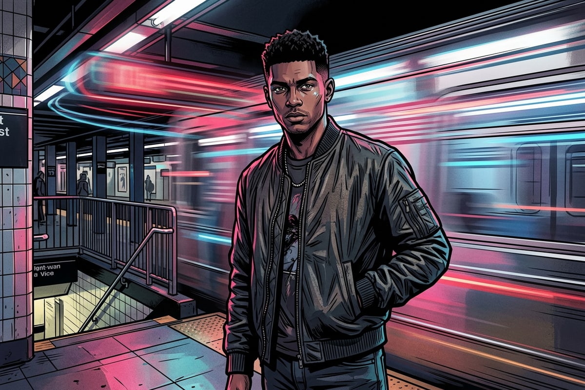 A sharp portrait of a man standing still in front of a speeding, motion-blurred subway train.