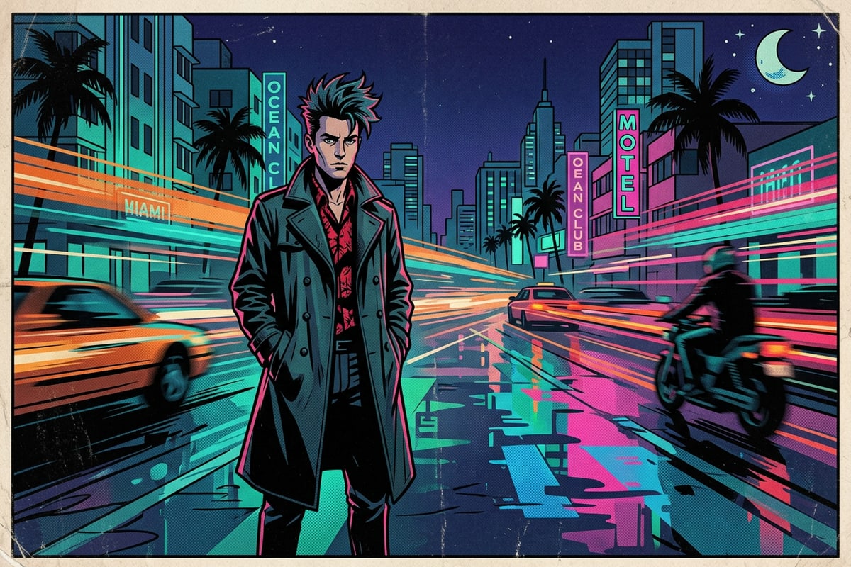 A night street portrait featuring a stationary subject surrounded by colorful neon light trails on rain-slicked pavement.