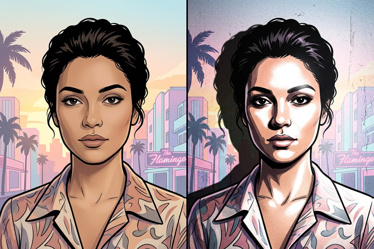Visual split comparing soft modern smartphone portrait lighting with harsh high-contrast 90s direct flash lighting.