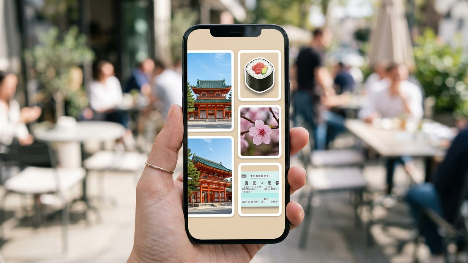 Um smartphone exibindo uma colagem de fotos bento grid modular de uma viagem ao Japão com fotos de templos e recortes de sushi.