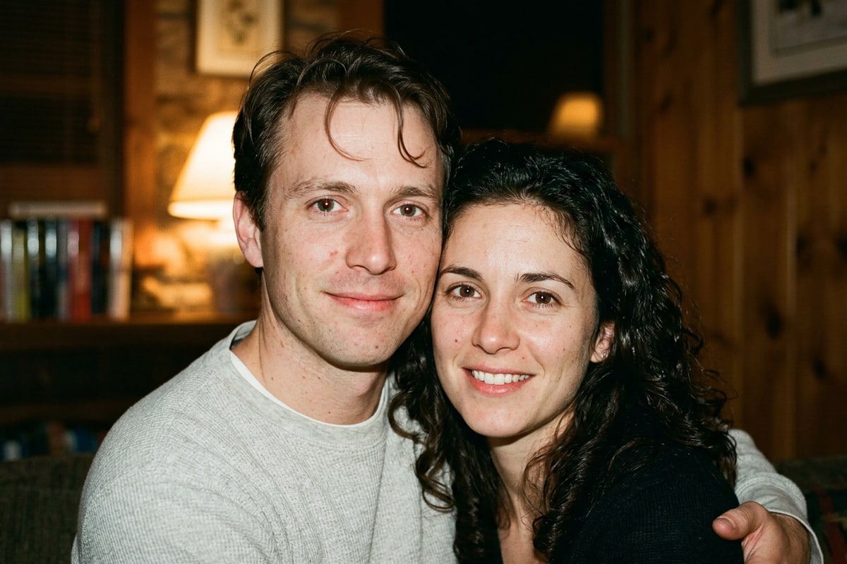 Vertical candid couple portrait featuring warm direct flash lighting and natural eye contact.