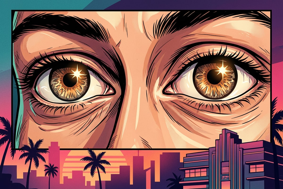 Macro close-up of couple's eyes illuminated by warm golden hour light.
