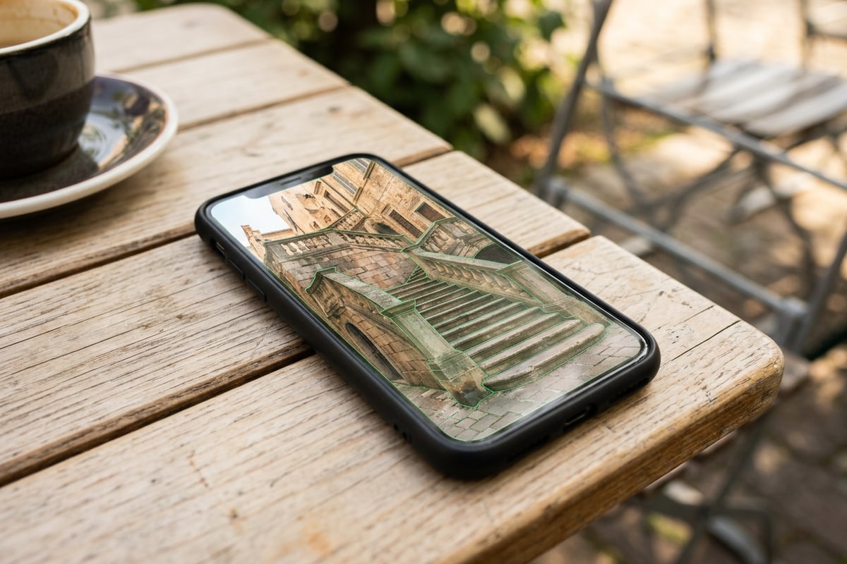A smartphone showing a photo selection mask carefully aligned along architectural stone steps.