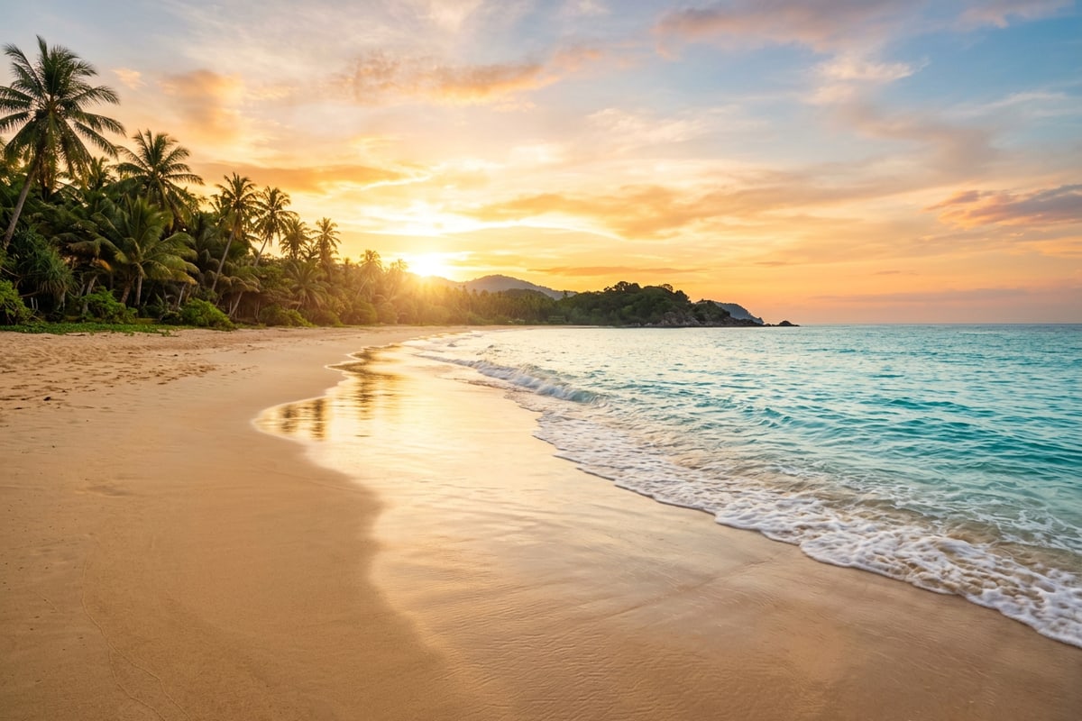 A serene tropical beach scene with perfectly smooth sand and clear ocean waves.