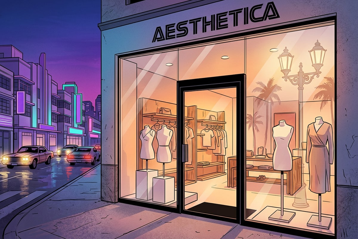 Minimalist storefront window at twilight showing clear glass and interior warm lighting