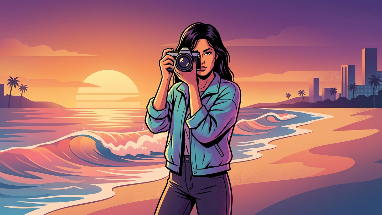 Ein 16:9-Breitbild-Desktophintergrund, der ein vertikales Porträtfoto zeigt, das mithilfe von KI-Bildvervollständigung nahtlos in eine breite Ozean-Sonnenuntergangslandschaft erweitert wurde.