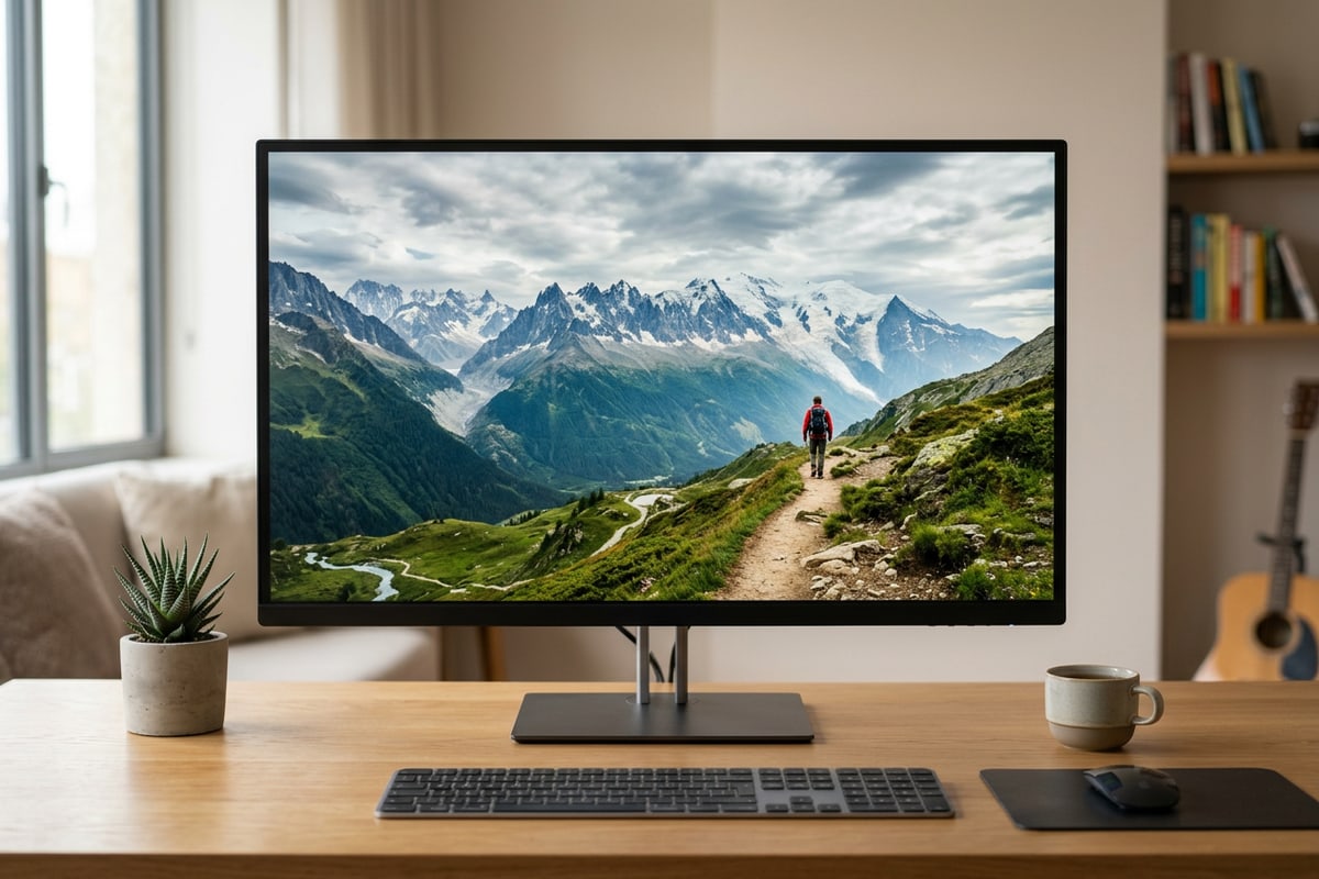 Minimalist desktop workspace with a monitor displaying an expanded 16:9 mountain landscape wallpaper.