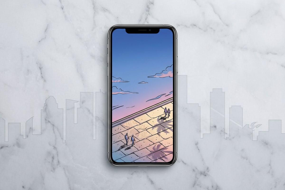 Smartphone showing a 9:16 uncropped photo expanded with natural sky and pavement background.