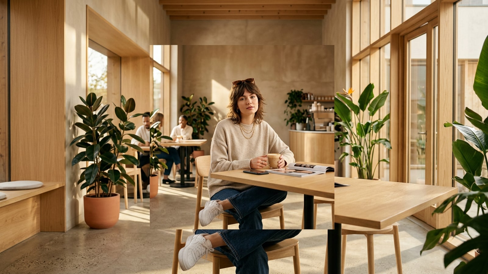 상단 및 하단 여백에서 자연스러운 배경 확장을 보여주는 햇살 가득한 미니멀리스트 카페 라이프스타일 인물 사진.