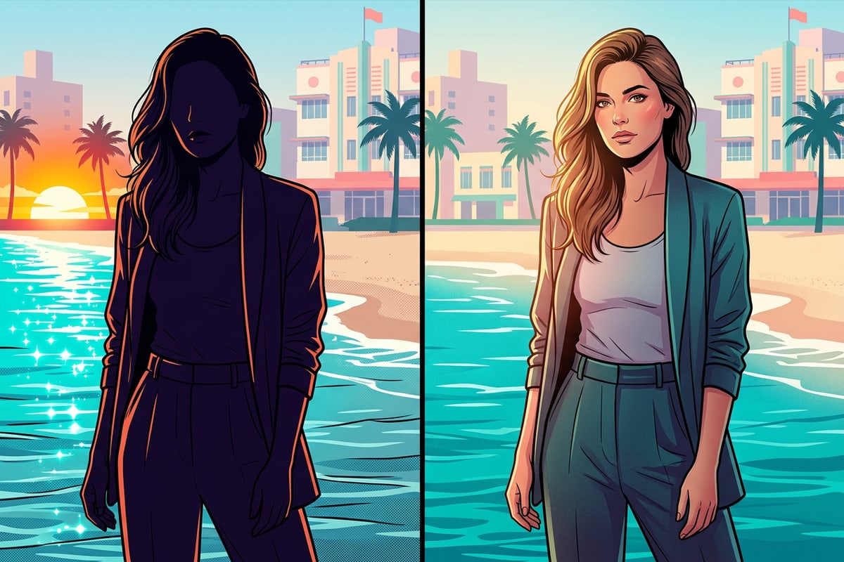 Before and after side-by-side view of a beach portrait re-lit from silhouette to natural golden hour lighting.