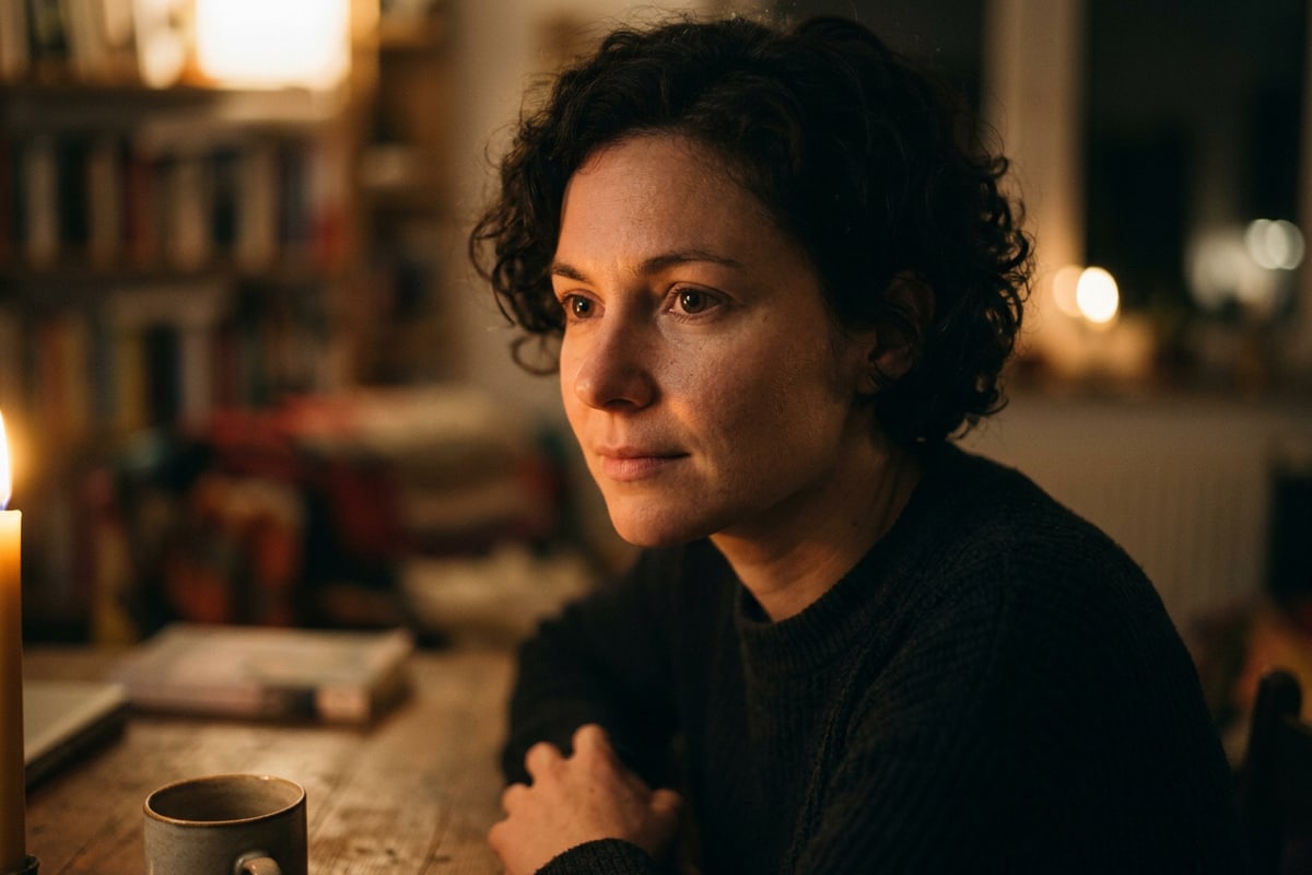 Atmospheric portrait featuring warm candlelight key light and soft shadow falloff on one side of the face.