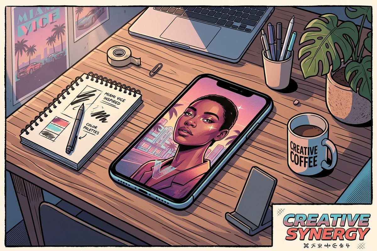 Smartphone resting on a wooden desk displaying a warm portrait photograph with natural facial lighting.