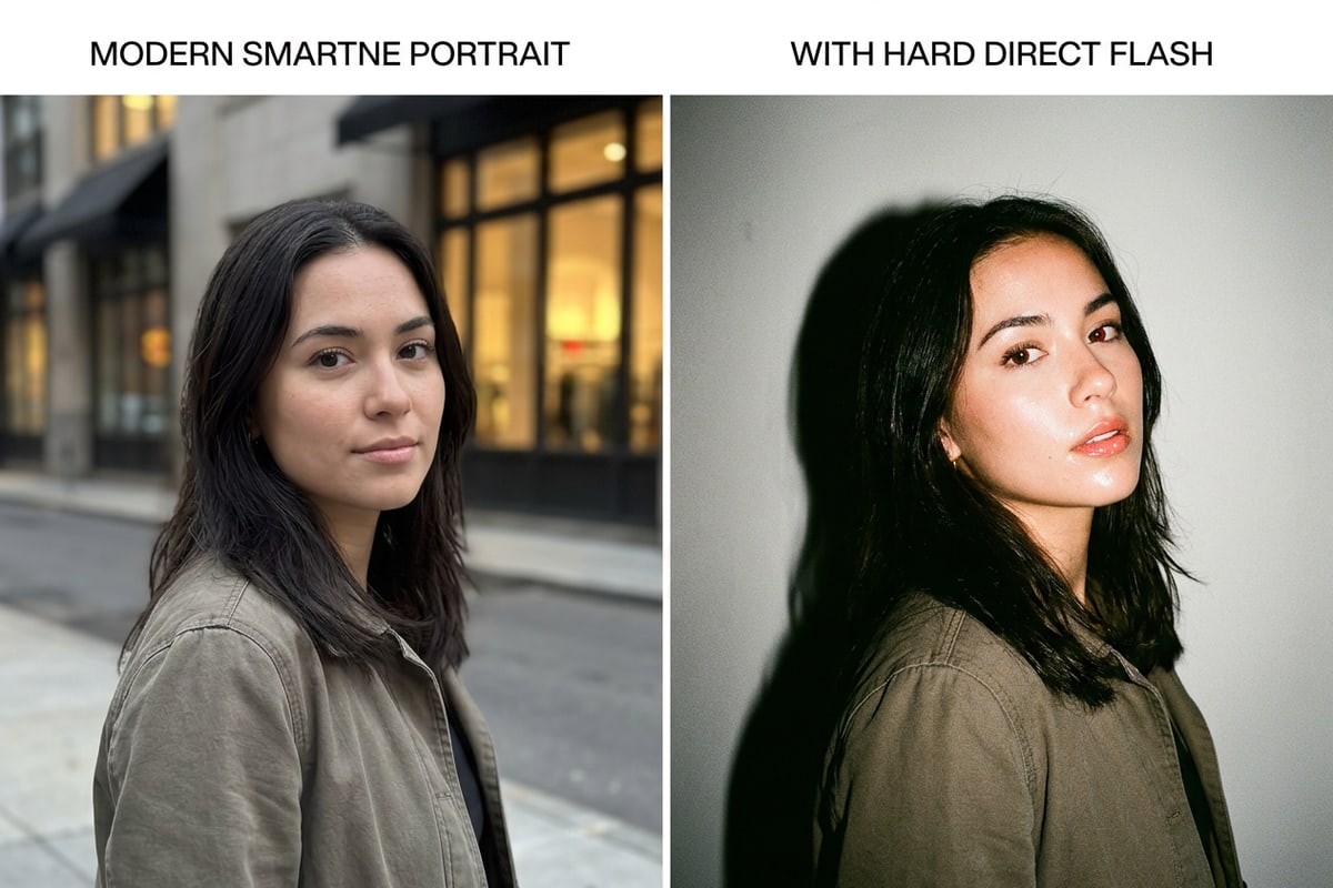 Comparison between a flat computational iPhone night portrait and a high-contrast Y2K direct-flash edit.
