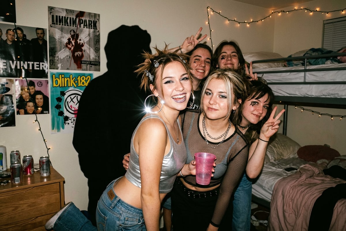 Indoor Y2K party snapshot portrait showing direct flash lighting and bright metallic reflections.