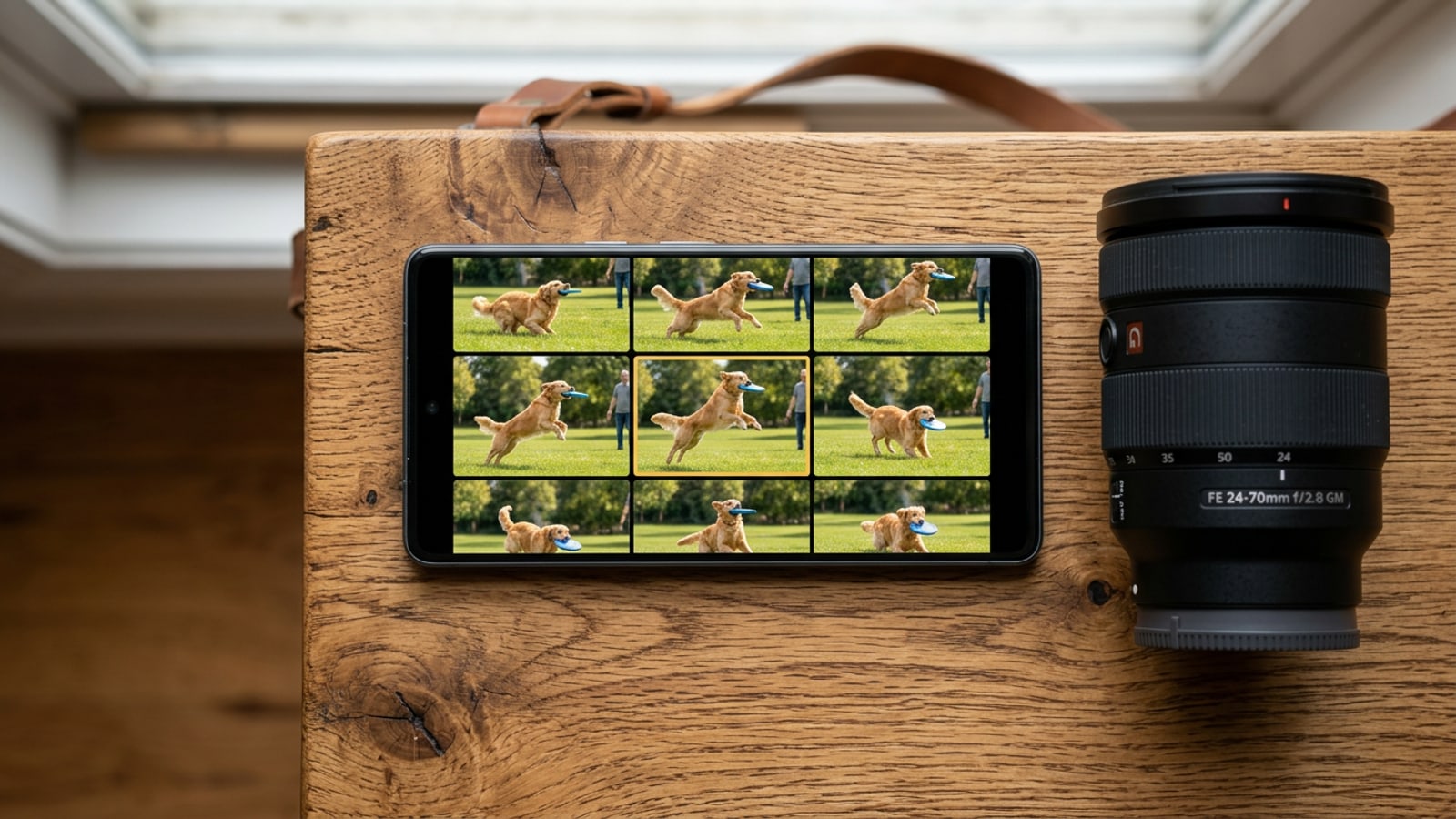 A smartphone on a wooden desk showing a sequence of burst photo candidates with the best action shot highlighted.