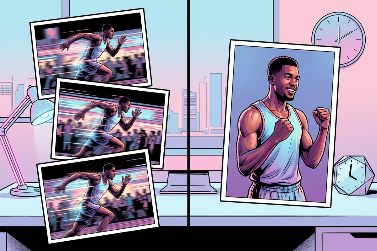 Side-by-side comparison between blurry action sequence photos and one perfectly focused AI-ranked best shot.