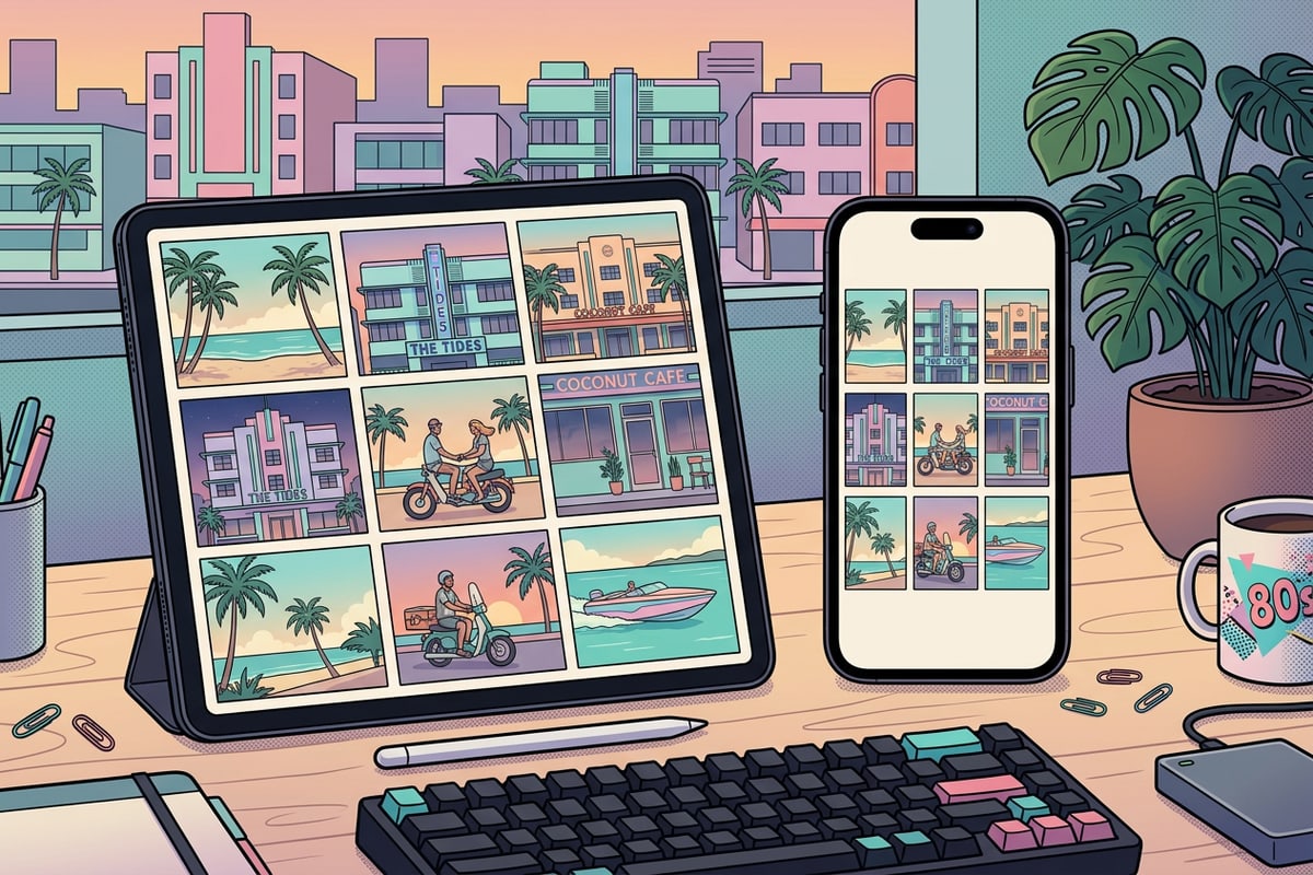 An iPad and iPhone displaying a curated photo grid summary of travel highlights.