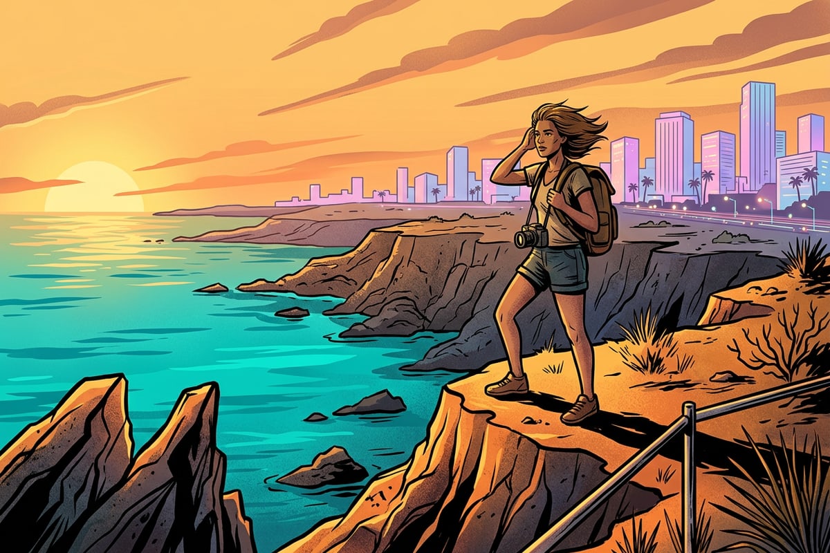 A vibrant coastal travel photo featuring saturated warm sunset lighting and natural portrait realism.