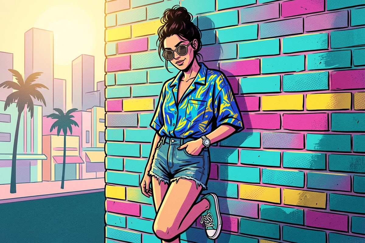 Sun-drenched retro fashion photo with high color saturation and warm sunlight.