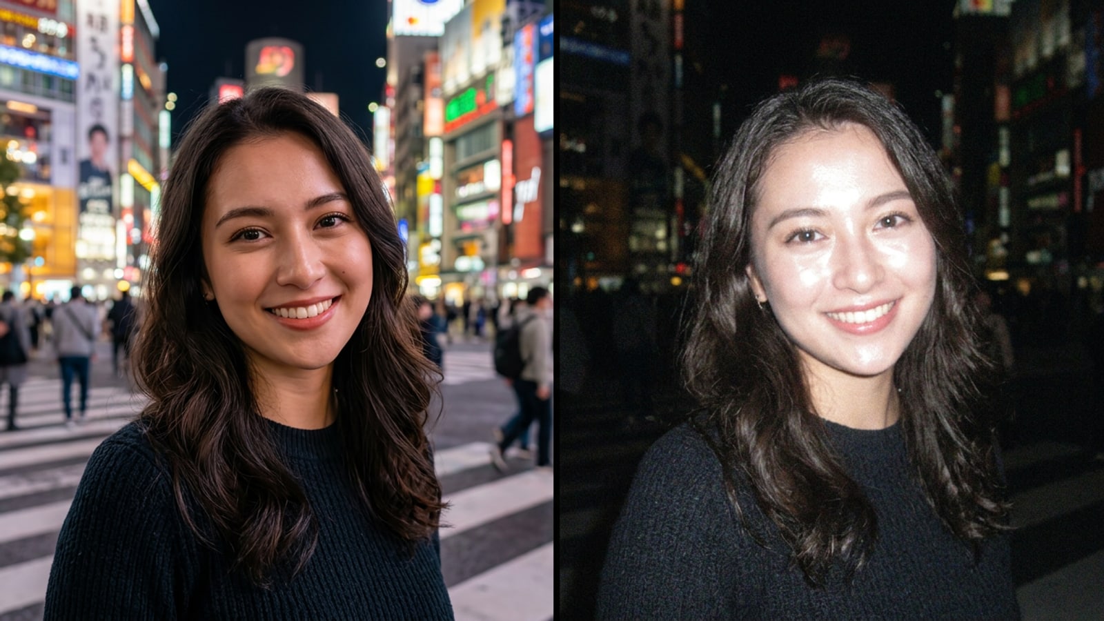 A side-by-side comparison showing a modern hyper-sharp smartphone portrait on the left, and the same portrait transformed into a lo-fi Y2K digicam aesthetic with direct flash and CCD noise on the right.