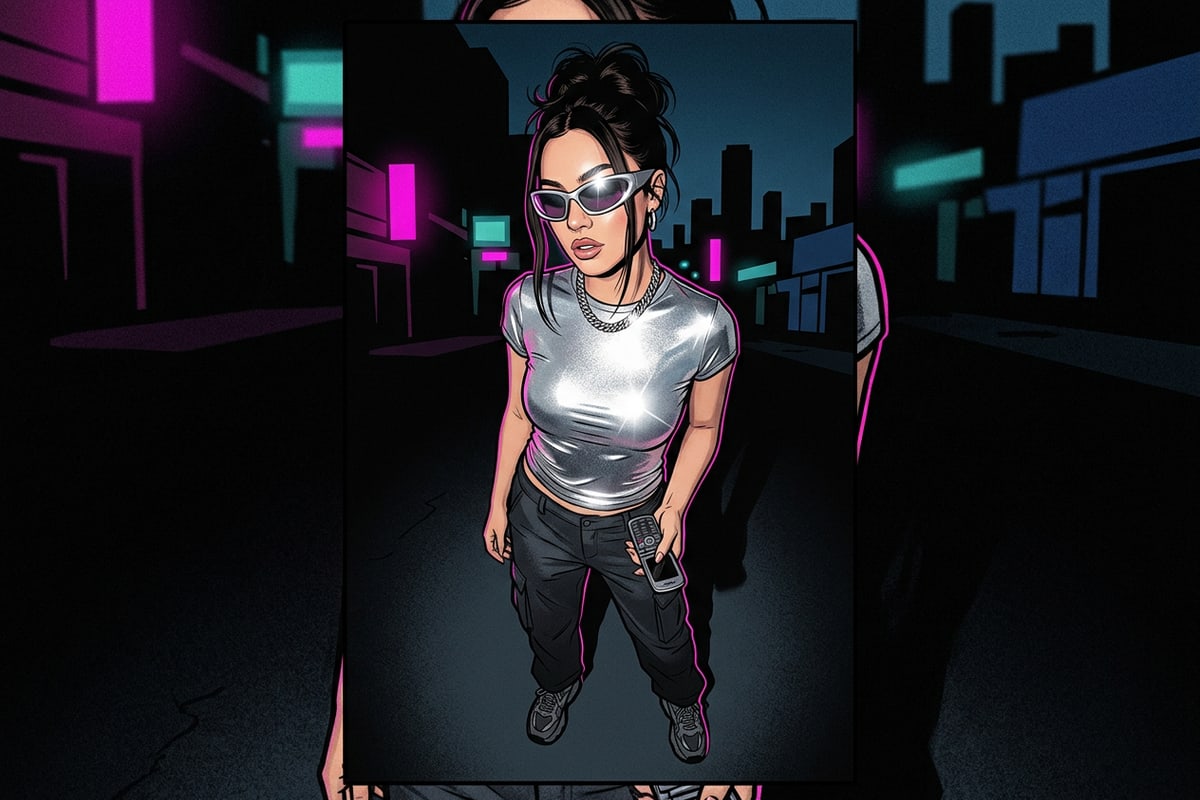 Outdoor evening Y2K fashion snapshot with intense direct camera flash and crushed dark background
