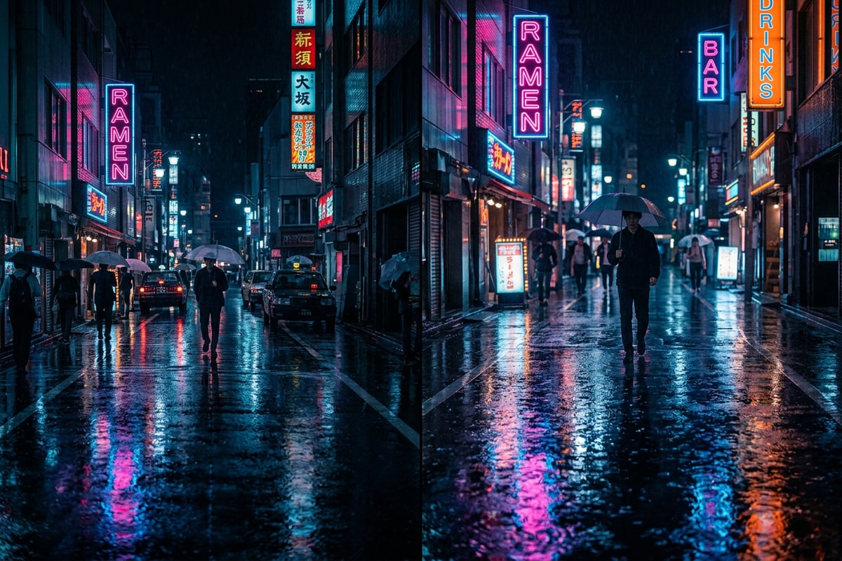 A side-by-side comparison showing a mood reference photo and the resulting AI video frame with matching lighting.