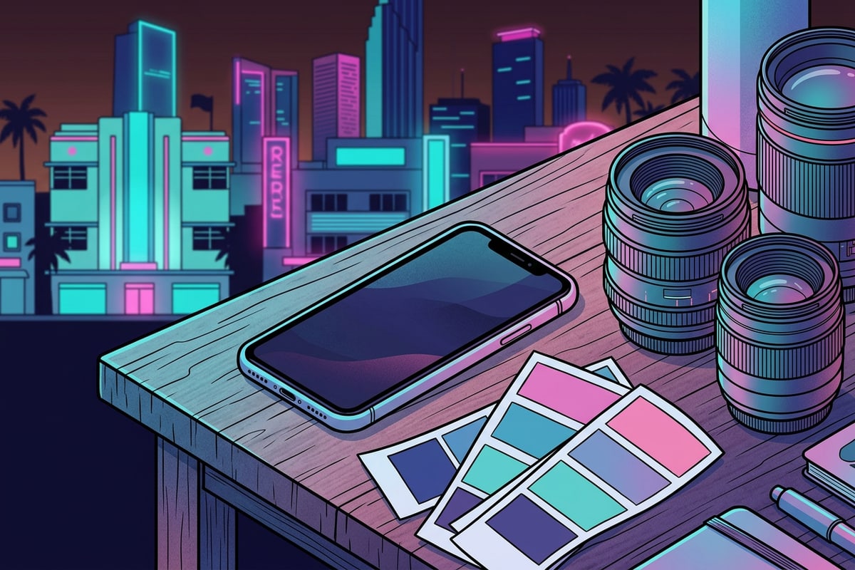 An overhead view of a creator desk setup with an iPhone and visual reference swatches.