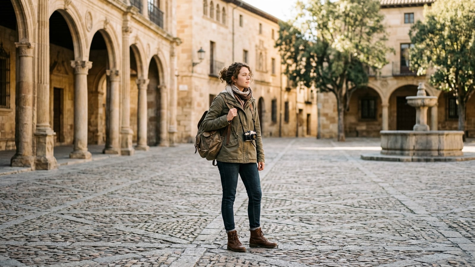 A traveler standing in a quiet European historic plaza with pristine cobblestone pavement and clean architecture.