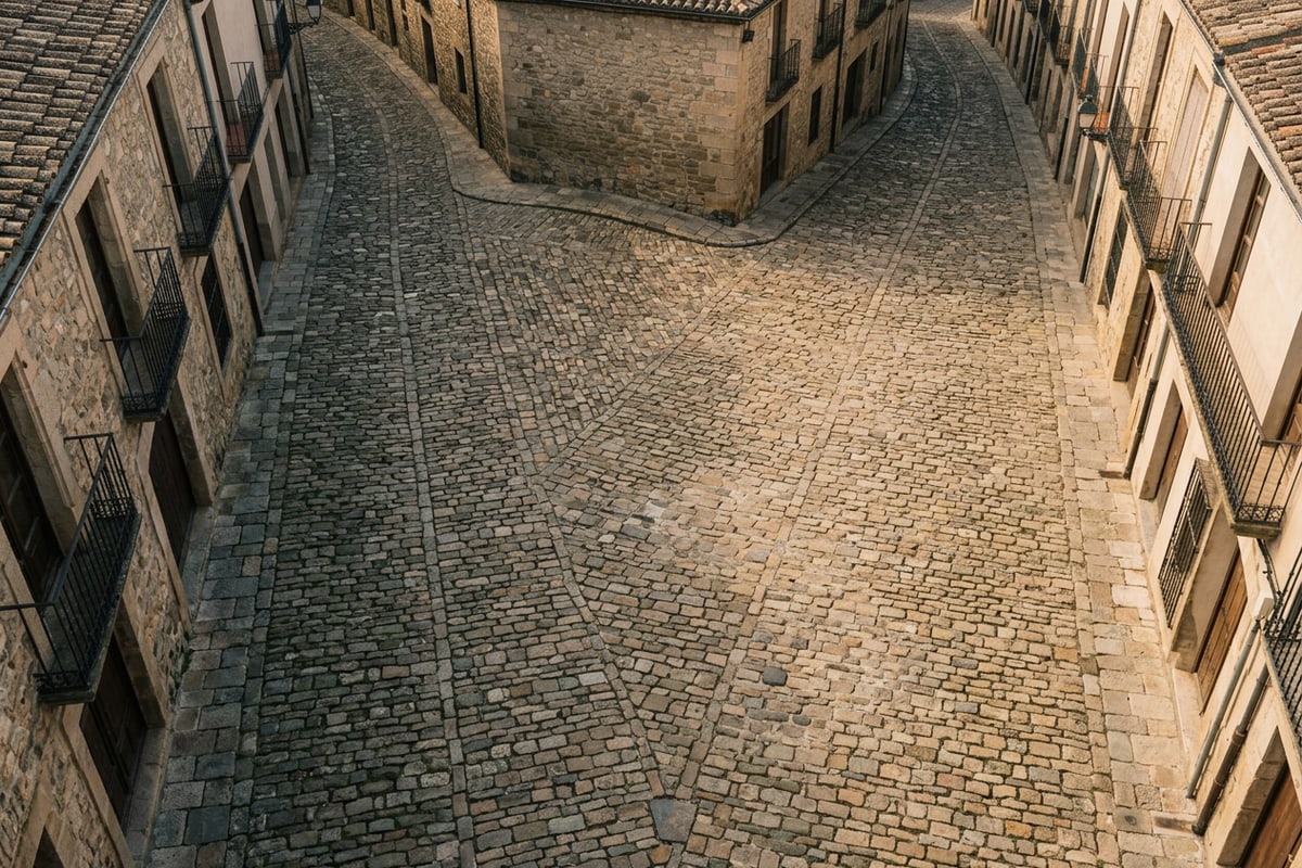 Close-up view of detailed historic cobblestone street pavement under natural sunlight.