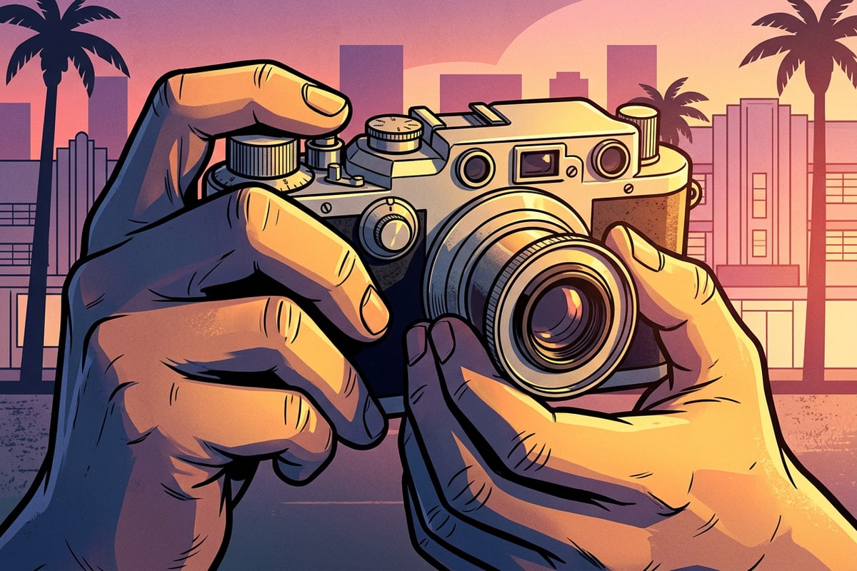 Detailed close-up photo of hands holding a vintage 35mm silver camera outdoors in sunlight.