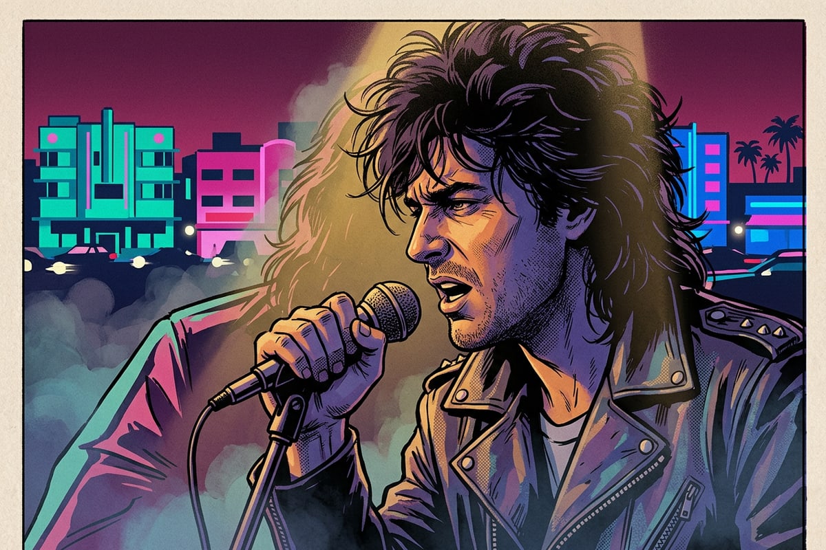 Lead singer on stage lit by warm golden spotlights with atmospheric stage fog and realistic facial details