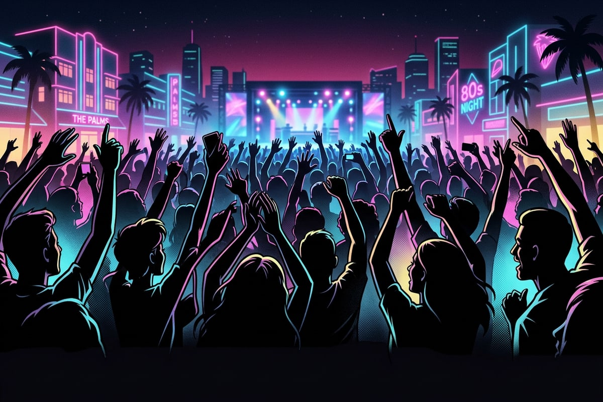 Clean concert crowd silhouettes cheering under subtle stage ambient rim light