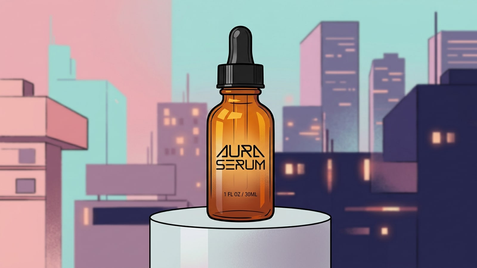 Foto commerciale di prodotto di una bottiglia cosmetica in vetro ambrato su un podio da studio grigio chiaro con illuminazione softbox e realistiche ombre di contatto.