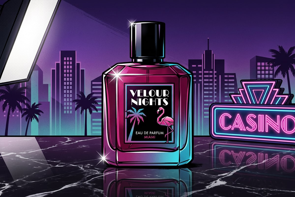 Isolated cosmetic bottle placed on dark marble with studio side lighting and dark studio backdrop.